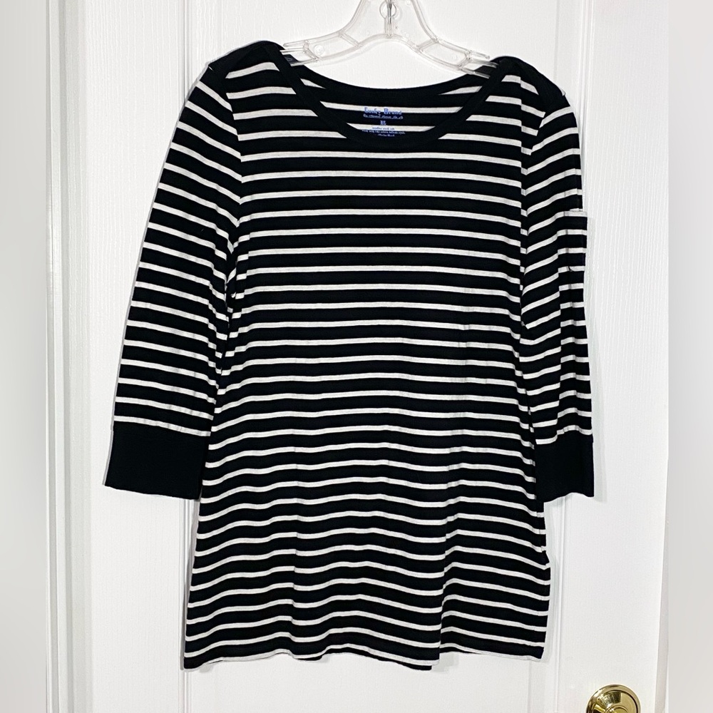 Lucky Brand Striped 3/4 Sleeve Cotton Top Black White XL